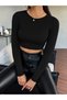 Women's Black Long Sleeve Crew Neck Ribbed Crop Blouse
