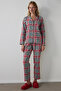 Red Plaid Shirt Collar New Year Cotton Pajama Set - 2