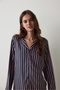 Navy Blue Striped Shirt Collar Long Sleeve Pajama Set - 2