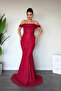 Lace Fabric Stone Detailed Evening Dress - Red