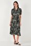 Patterned Relaxed Fit Balloon Sleeve Slit Belted Midi Length Dress Women's Dress 67810558 - 5