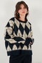 Oversize Fit Crew Neck Argyle Patterned Soft Textured Sweater Women's Sweater 4616223 - 5