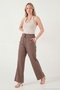 Cotton Waist-Tied High Waist Wide Leg Regular Fit Pants with Pockets Women's Pants 668Yp4 - 2