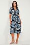 Patterned Relaxed Fit Balloon Sleeve Slit Belted Midi Length Dress Women's Dress 67810558 - 4