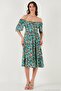 Patterned Oversize Fit Carmen Collar Drawstring Detailed Midi Length Dress Women's Dress 67810557 - 2