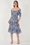 Patterned Oversize Fit Carmen Collar Drawstring Detailed Midi Length Dress Women's Dress 6782169 - 5
