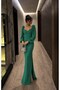 Princess Sleeve Slit Detail Sweetheart Neckline Imported Crepe Fabric Long Sleeve Long Dress 582732 Emerald - 2