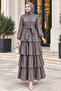 Layered Detailed Belted Alina Hijab Evening Dress-Brown