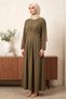 Women's Khaki Modal Fabric Side Buckle Detailed Pleated Long Hijab Dress - 3