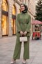 Stone-Embellished Collar and Waist Tie Pants Suit -Khaki - 3