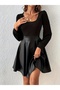 Women's Long Sleeve Square Neck Top Viscose Bottom Leather Mini Dress