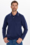 Men's regular fit comfortable cut 100% cotton long sleeve buttoned navy polo collar sweatshirt
