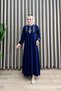 Sani̇ye Dress Viscose Fabric Women's Navy Blue Collar Embroidery Embroidered Neck Tassel Tie Detail Elastic Sleeves Dress - 4