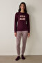 Burgundy Slogan Long Sleeve Thermal Effect Pajama Top - 3