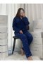 Navy Blue Star Patterned Buttoned Fleece Pajama Set - 5