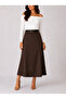Belt Detailed Midi-Length Loose Brown Woven Skirt