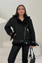 Women's Fur-Lined Black Short Biker Leather Jacket Coat - 2