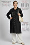 Plus Size Comfortable Cut Spring Summer Hijab Cotton Linen Side Slits Stone Accessory Detail Long Tunic Mother Black Shirt