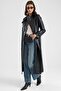 Cape and Buckle Detailed Crush Leather Trench Coat Black 6900 - 5
