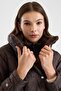 Zipper and Fur Detailed Quilted Coat Brown 6905 - 4