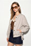 Women's Gray Crew Neck Buttoned Side Tie Detailed Lined Short Trench Coat 2818 60286459 - 4