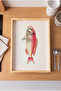 Red Pink Fish Patterned - Rectangular Coffee Presentation, Engagement, and Serving Tray with Natural Wood Frame - 2