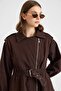 Zipper Closure, Elastic Waist and Belt Detail Denim Jacket Brown 8257 - 7