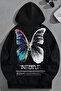 Unisex 3 Thread Cotton Black Butterfly Print Loose Fit Sweatshirt Hoodie