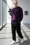 Men's Purple Crew Neck Black Cuffed Elastic Sweatpants Set