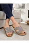 Women's 100% Genuine Leather Stone Detailed H Band Casual Stylish Slippers - 7