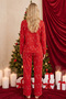 Red Christmas Themed Patterned Thermal Fabric Ultra Soft Knitted Pajama Set - 3