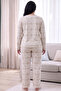 Cream Plaid Patterned Thermal Fabric Ultra Soft Plus Size Oversized Knitted Pajama Set - 3