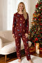 Burgundy New Year Themed Patterned Thermal Fabric Ultra Soft Knitted Pajama Set - 2