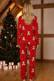 Red Christmas Themed Patterned Thermal Fabric Ultra Soft Buttoned Knitted Pajama Set - 3