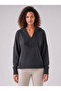 Women's Anthracite V-Neck Hooded Swea with Stitching Detail and Piece-Dye Washed Effect, 100% Cotton - 7