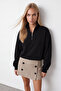 Women's Black Stand Collar Zippered 3 Thread Ribbed Oversize Sweatshirt Alc-X15729