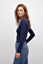 95% Cotton 5% Lycra Body-Fitting Magic Fit Women's Slim Fit Stretch Long Sleeve T-Shirt Compact Combed Single Jersey Slim Fit Flexible Basic Navy Blue T-Shirt Elastane Blouse - 3