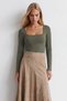 Women's Green Square Collar Jumpsuit with Snap Buttons at the Bottom Bodysuit Alc-X14390 - 4