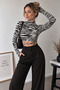 Women's Ecru Zebra Backless Lace Detailed High Neck Long Sleeve Viscose Elastane Crop Blouse - 4