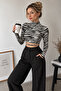 Women's Ecru Zebra Backless Lace Detailed High Neck Long Sleeve Viscose Elastane Crop Blouse - 7