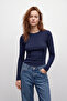95% Cotton 5% Lycra Body-Fitting Magic Fit Women's Slim Fit Stretch Long Sleeve T-Shirt Compact Combed Single Jersey Slim Fit Flexible Basic Navy Blue T-Shirt Elastane Blouse - 7