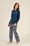 Women's sax long sleeve pajama set, buttoned collar, pocket detailed 50% cotton 50% modal fabric, - 3
