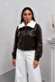 Women's Leather Jacket Short Plush Collar Snap Button Double Pockets Long Sleeve Faux Leather Jacket Coat