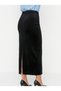 Women's Black Velvet Regular Waist Black Midi Skirt with Slit at the Back - 6