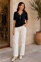 Women's V-Neck Button Detailed Contrast Ribbed Half Sleeve Mercerized Knitwear Blouse