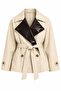 Beige Double-Breasted Collared Leather Detailed Belted Trench Coat - 1115