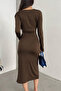 Brown Double-Breasted Collar Long Sleeve Slit Detail Sandy Fabric Dress - 4