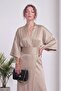 Women's Double-Breasted Satin Belted Evening Dress Jumpsuit Black, Beige - 2