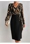 Women's Long-Sleeve Double-Breasted Neck Digital Print Bow Detail Satin Fabric Dress - 3