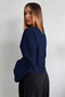 Half Turtleneck Draped Belt Buckle Wide Sleeve Navy Blue Blouse - 5